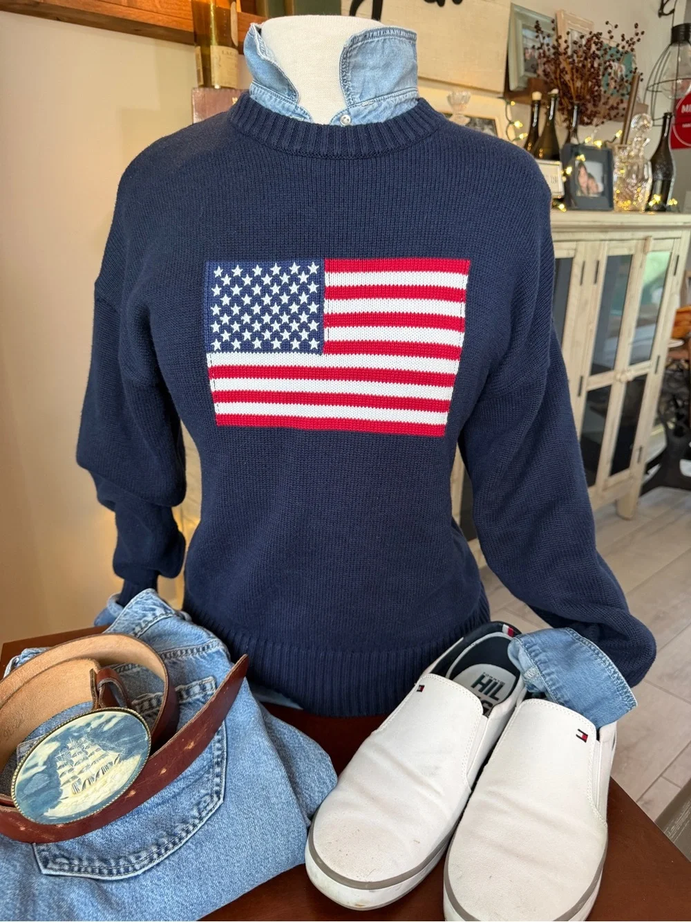 Aeropostale American Flag Oversized Sweater XS Navy Americana Preppy